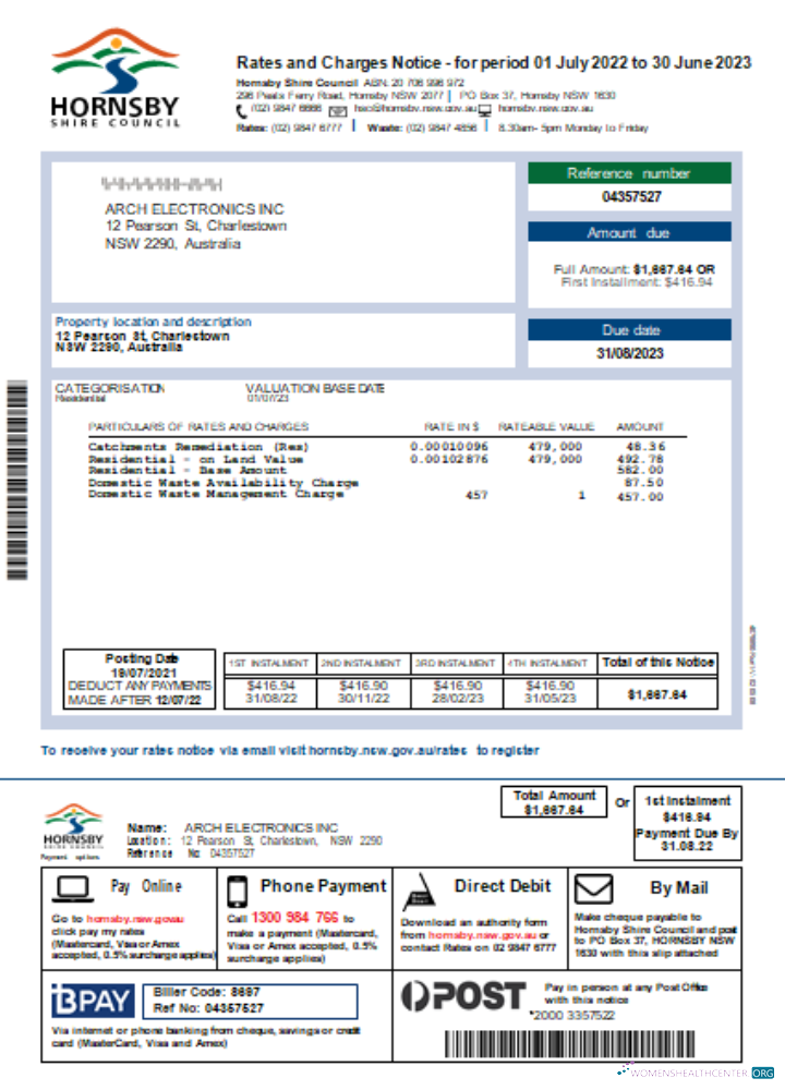 Download NSW Hornsby Shire Council utility business bill SCR Photoshop template